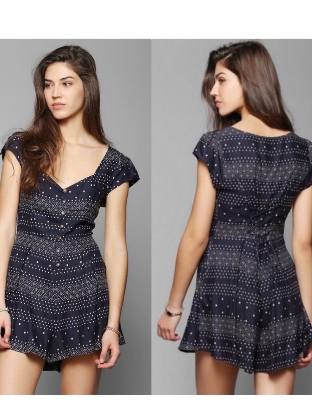 Kimchi Ashley Babydoll Navy and White Dot Romper with tie back